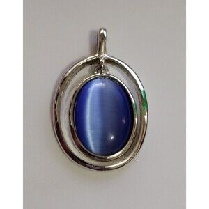 Vintage Blue Cats Eye Cabochon Pendant Silver Tone Bezel Bold Statement No Chain